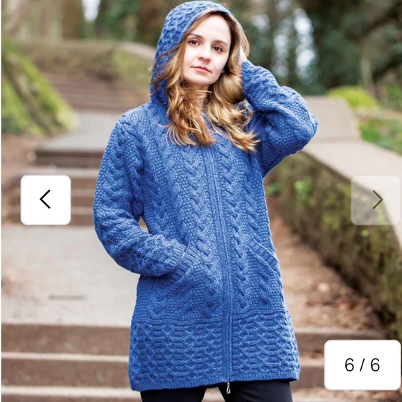 Aran Mor Sweaters - Aran Mor Ireland Galway Marl Blue Zip Up Wool Cable Knit Hooded Jacket/Cardigan